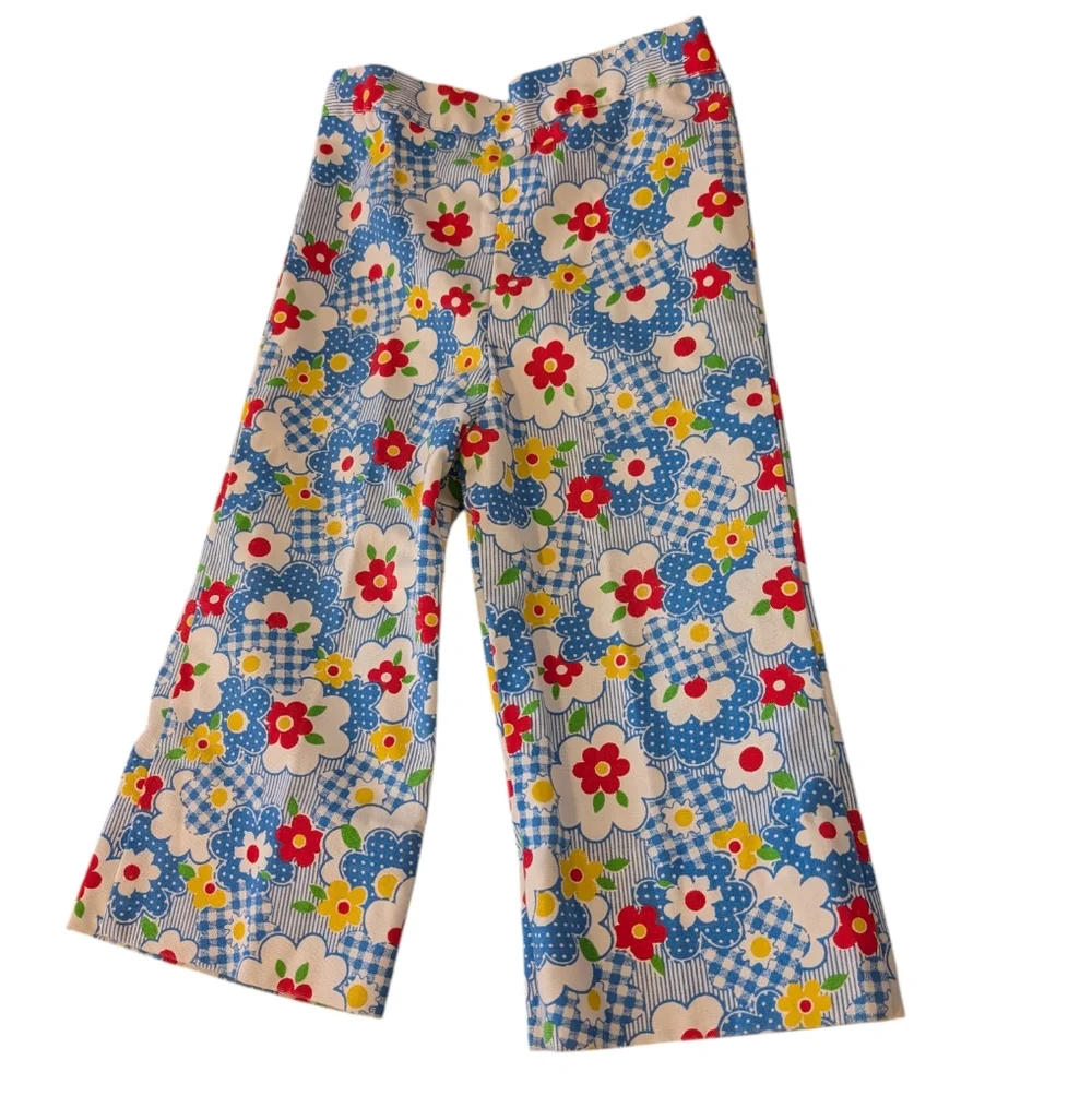 70s Vintage Girls Groovy Daisy Floral Print‎ Flare Pants & Matching Top Set Rare